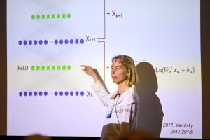 MIT associate professor of electrical engineering and computer science Stefanie Jegelka, an IDSS affiliate, gives a talk at the 2019 Women in Data Science (WiDS) Cambridge conference entitled, "What Can Neural Networks Represent?" Photo: Dana J. Quigley