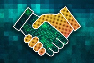 an illustration of a digital and human hand shaking