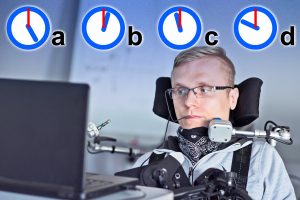 stock photo of a man in a wheelchair using a comptuter and four clock images with differen times labeled a through d