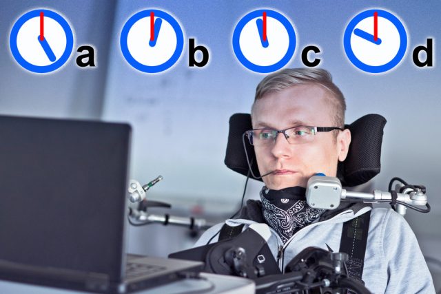 stock photo of a man in a wheelchair using a comptuter and four clock images with differen times labeled a through d