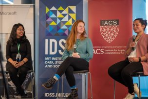 l-r: Darshita Chaturvedi, Susan Conover, and Zara Perumal at WiDS Cambridge 2023, Photo by Jade Chongsathapornpong