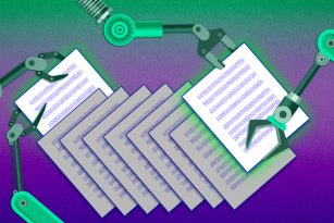 robot arms taking and adding pages to a pile of paper